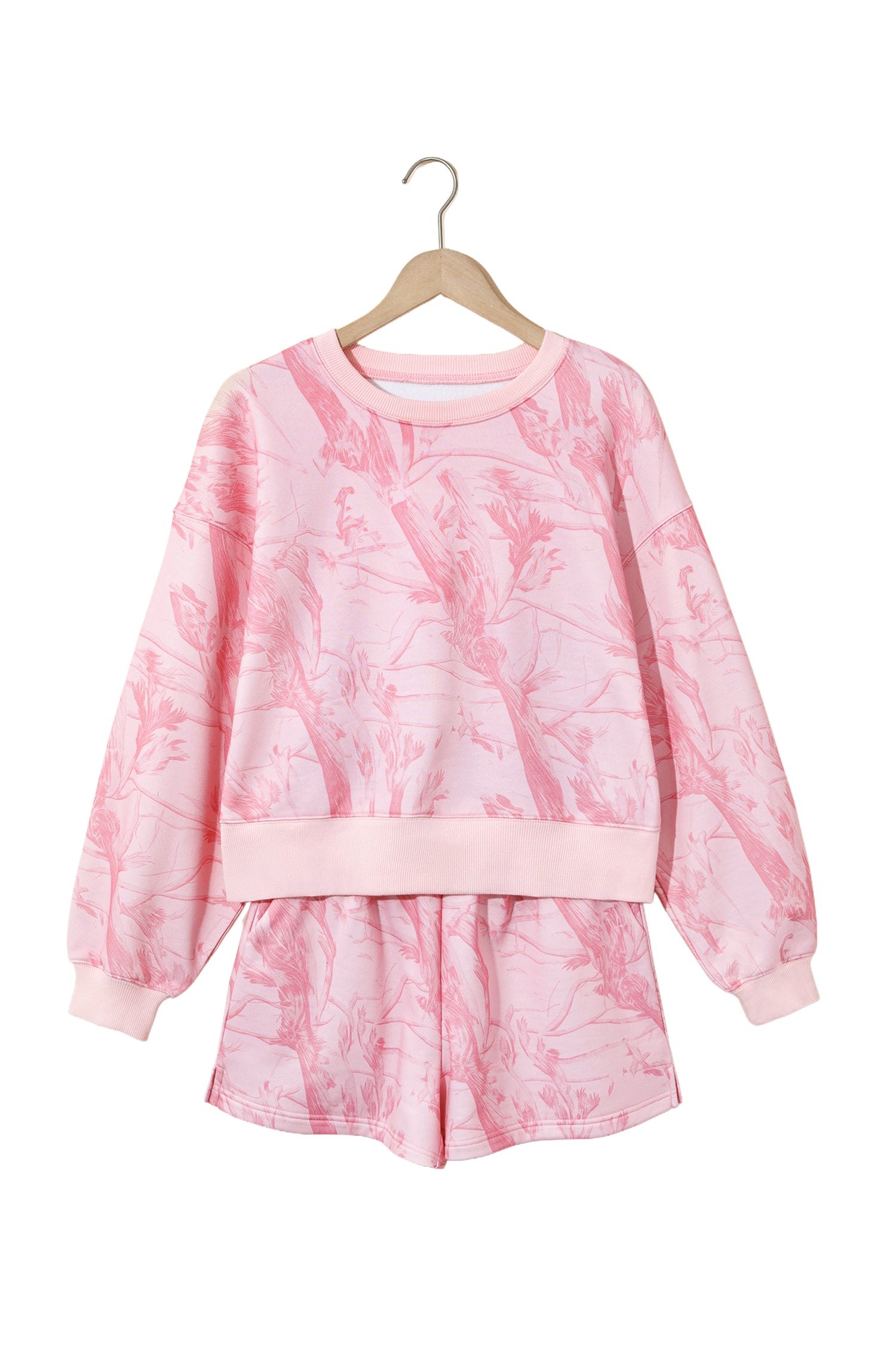 Pink Abstract Print Ribbed Crewneck Long Sleeve Top Elastic Waist Short Set-Two Piece Sets/Short Sets-[Adult]-[Female]-2022 Online Blue Zone Planet