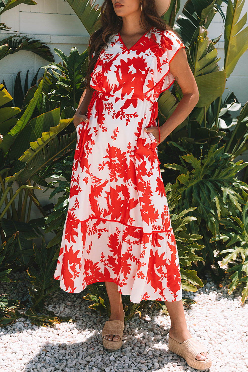 Red Floral Print Trimmed V Neck Ruffle Sleeve Long Dress-TOPS / DRESSES-[Adult]-[Female]-2022 Online Blue Zone Planet