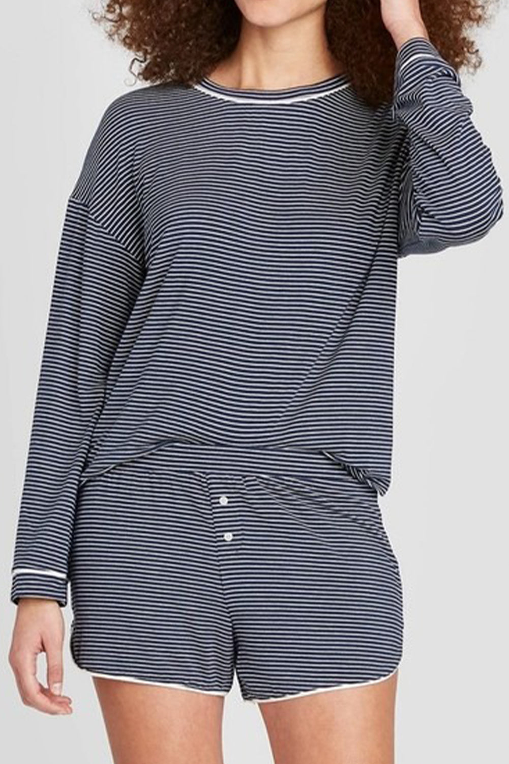 Blue Stripe Drop Shoulder Round Neck Long Sleeve Tee and Buttoned Shorts 2pcs Lounge Set-Loungewear & Sleepwear/Loungewear-[Adult]-[Female]-2022 Online Blue Zone Planet