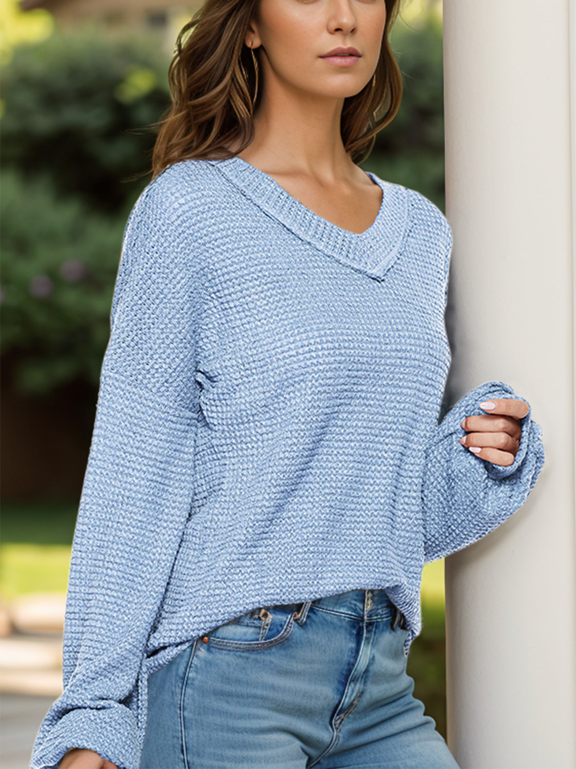 Dropped Shoulder Long Sleeve Knit Top-[Adult]-[Female]-Light Blue-S-2022 Online Blue Zone Planet