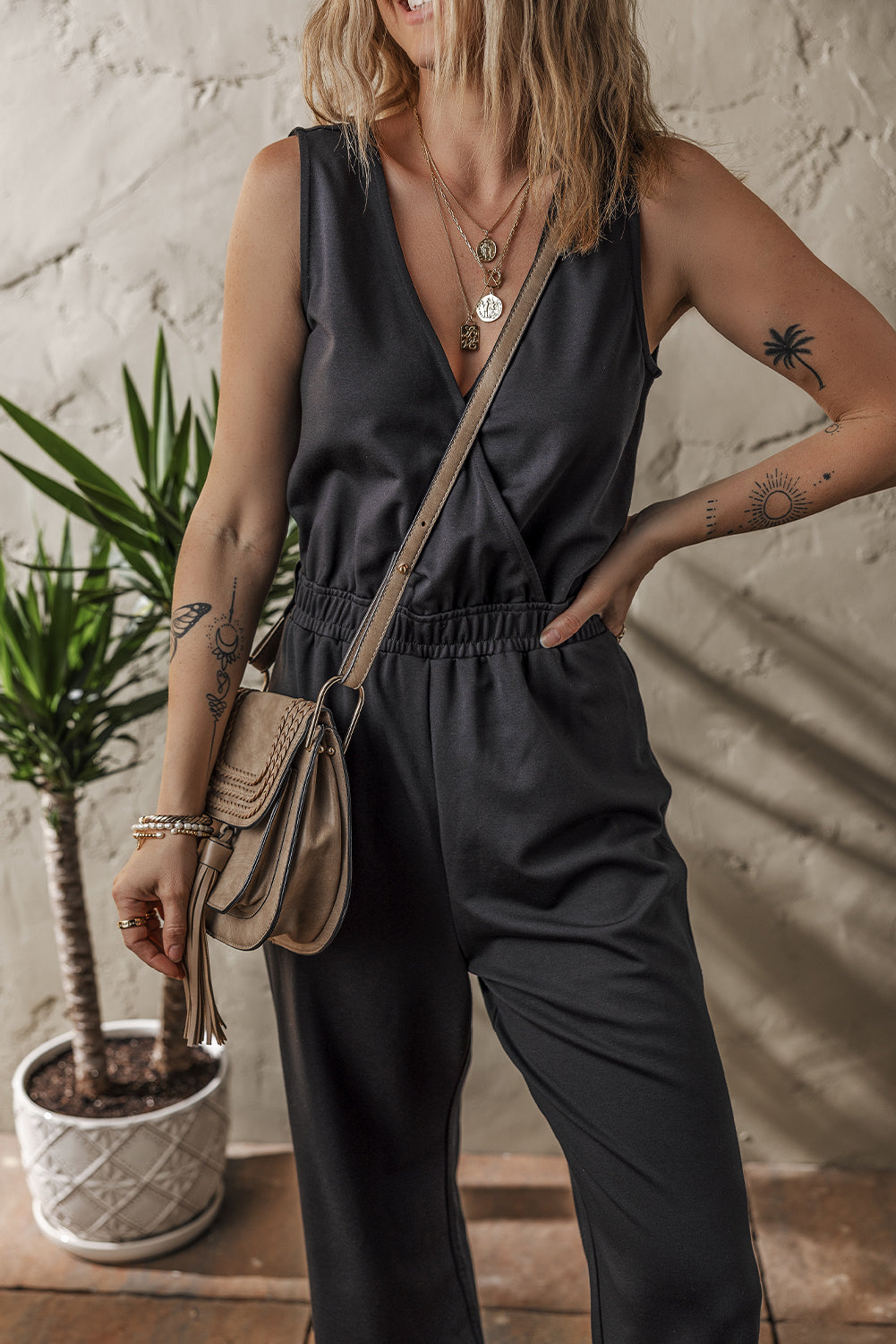 Black Wrap V Neck Sleeveless High Waist Jumpsuit-Bottoms/Jumpsuits & Rompers-[Adult]-[Female]-2022 Online Blue Zone Planet