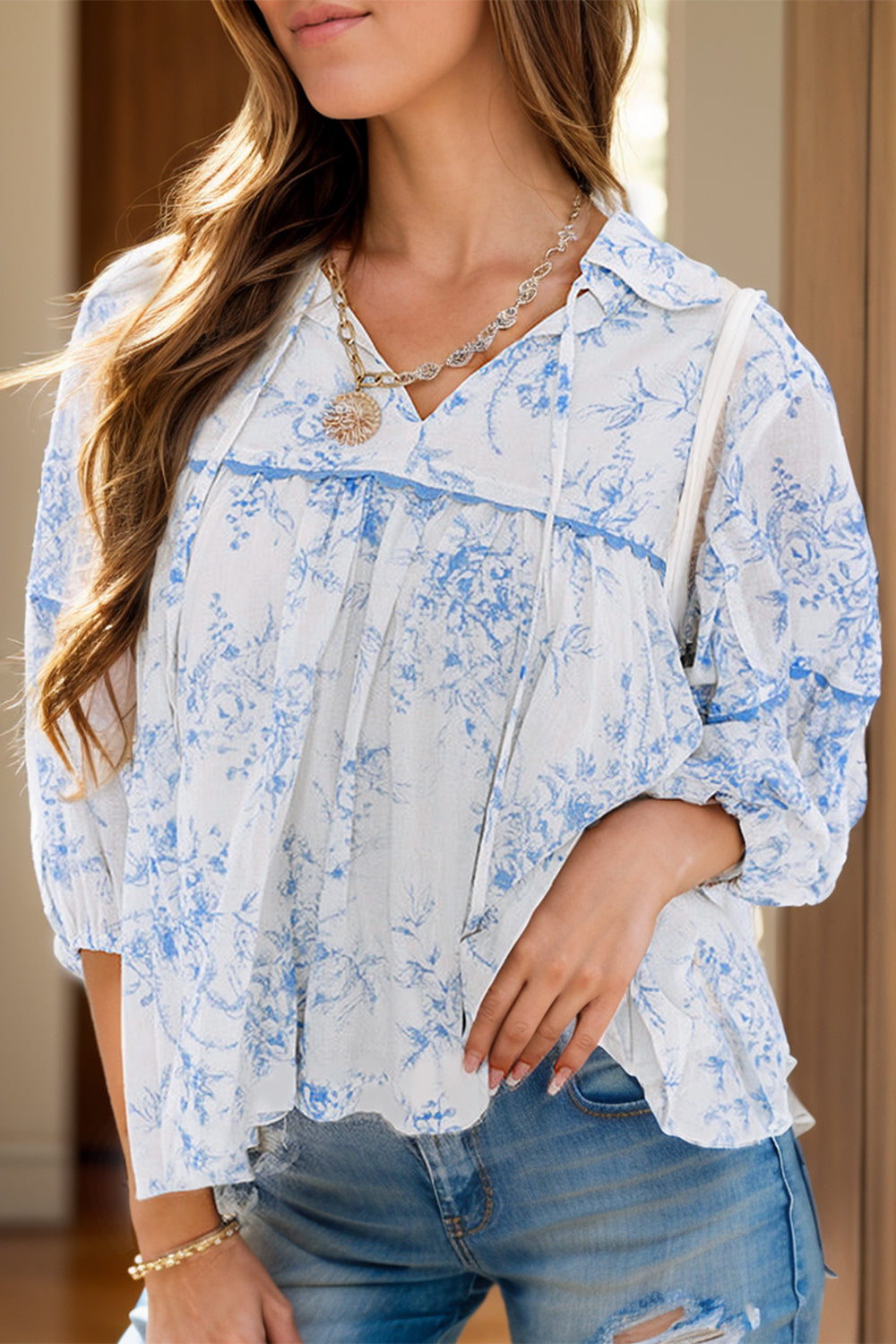 Printed Tie Neck Three-Quarter Sleeve Blouse-TOPS / DRESSES-[Adult]-[Female]-White-S-2022 Online Blue Zone Planet