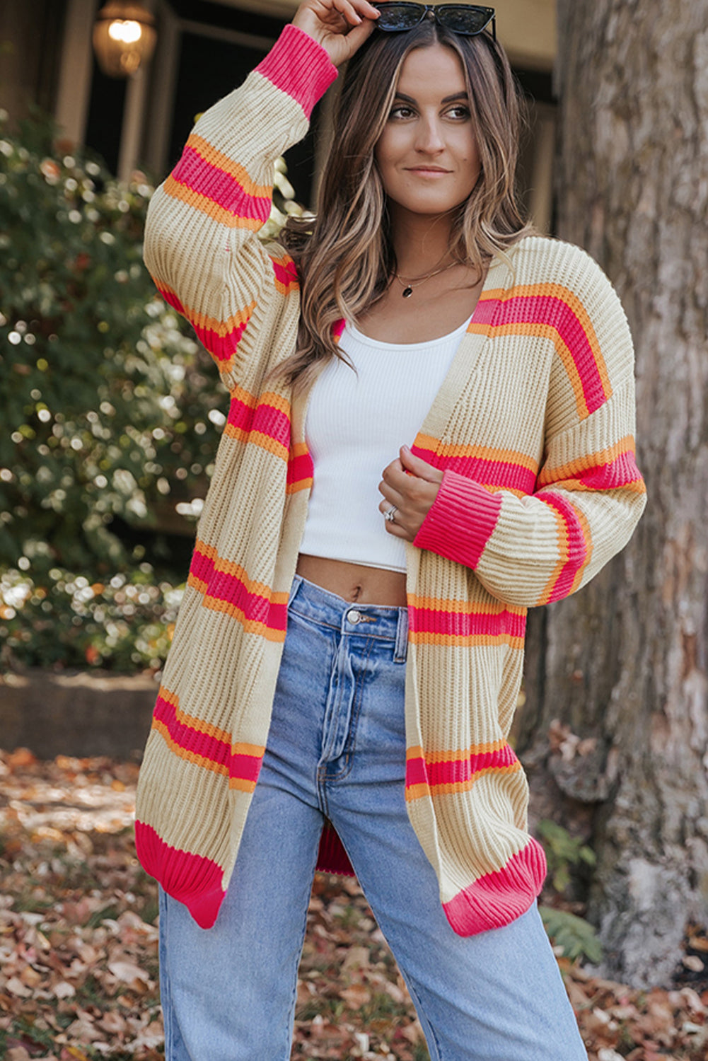 Stripe Printed Ribbed Long Knitted Cardigan-Sale (50% OFF)/30% OFF-[Adult]-[Female]-2022 Online Blue Zone Planet