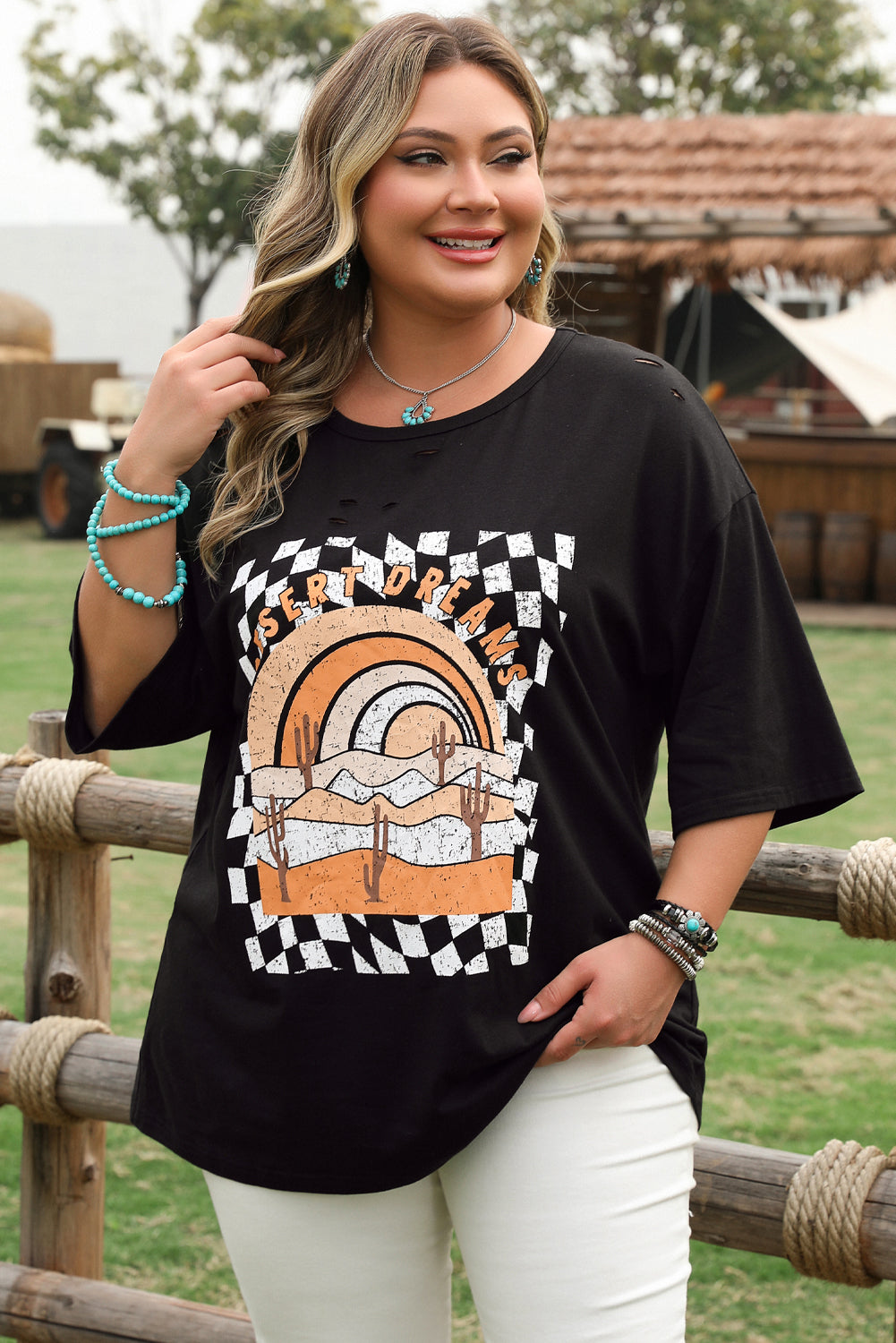 Black Checkerd Desert Dreams Printed Ripped Plus Size Tee-Plus Size/Plus Size Tops/Plus Size Tops & Tees-[Adult]-[Female]-2022 Online Blue Zone Planet