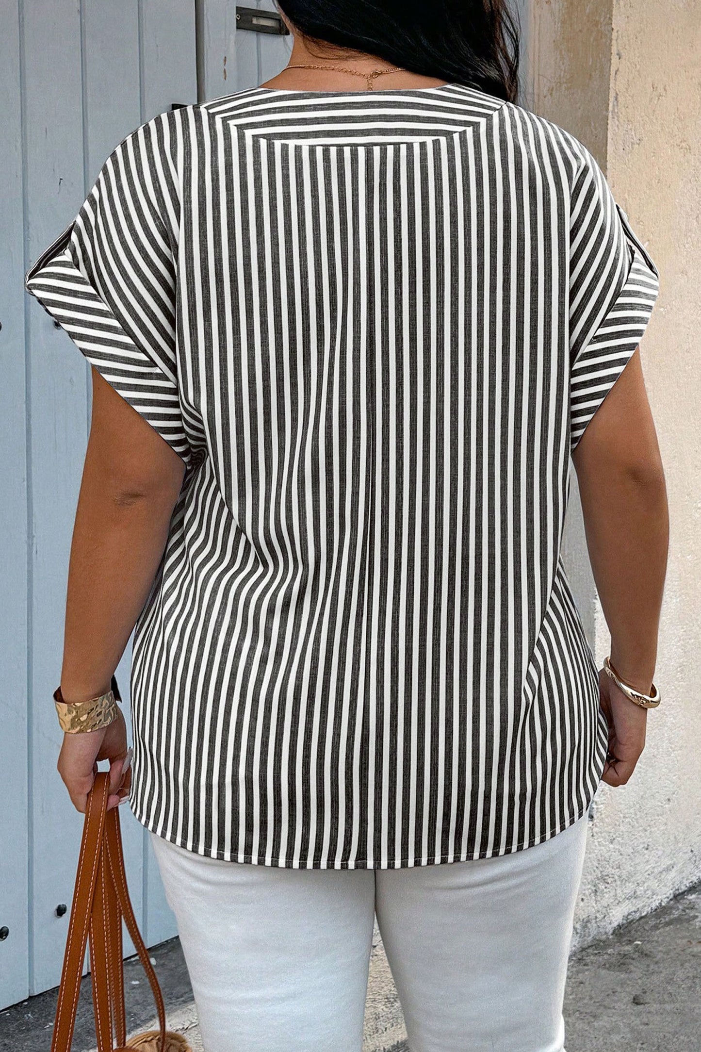Black Stripe Plus Size V Neck Roll-Tab Short Dolman Sleeve Blouse-Plus Size/Plus Size Tops/Plus Size Blouses & Shirts-[Adult]-[Female]-2022 Online Blue Zone Planet