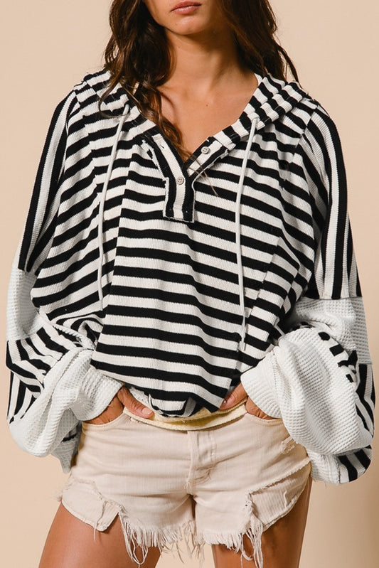 Blue Zone Planet | Black white Oversized Striped Henley Buttons Dolman Sleeve Hooded Top-Tops/Long Sleeve Tops-[Adult]-[Female]-Black white-S-2022 Online Blue Zone Planet