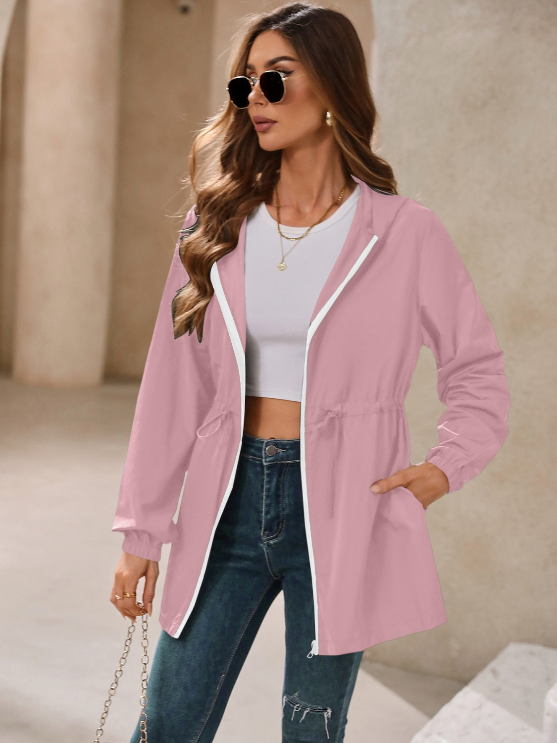 Zip Up Long Sleeve Hooded Jacket-TOPS / DRESSES-[Adult]-[Female]-Dusty Pink-S-2022 Online Blue Zone Planet