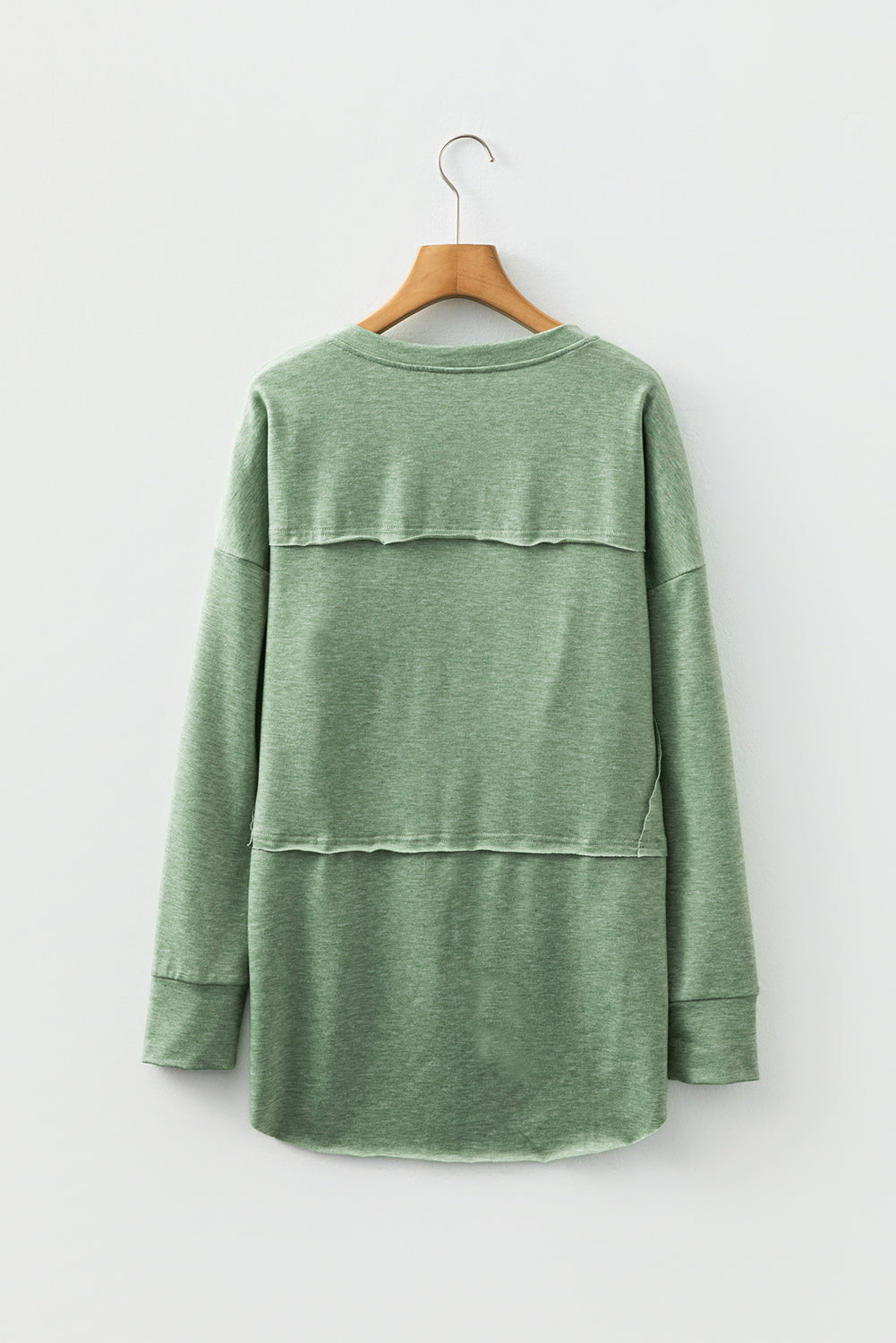 Smoke Green Notched Neck Terry Raw Hem Long Sleeve Top-Tops/Long Sleeve Tops-[Adult]-[Female]-2022 Online Blue Zone Planet