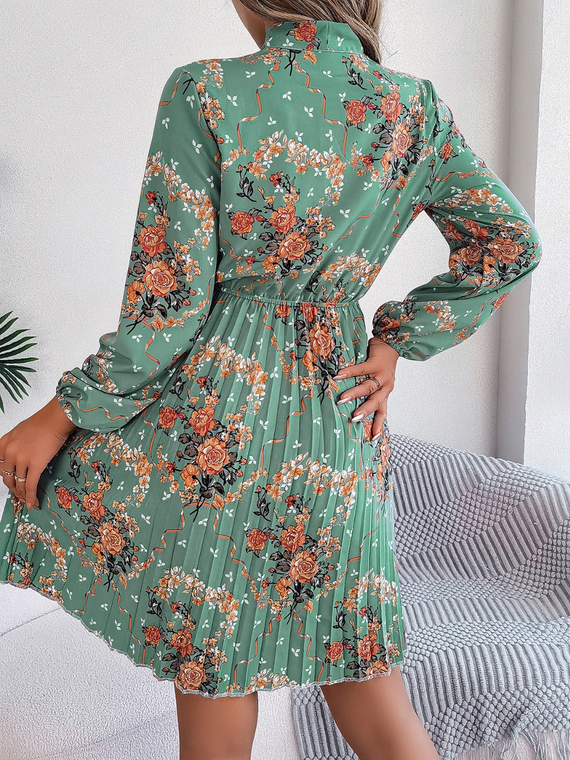 Pleated Printed Tie Neck Long Sleeve Dress-TOPS / DRESSES-[Adult]-[Female]-2022 Online Blue Zone Planet