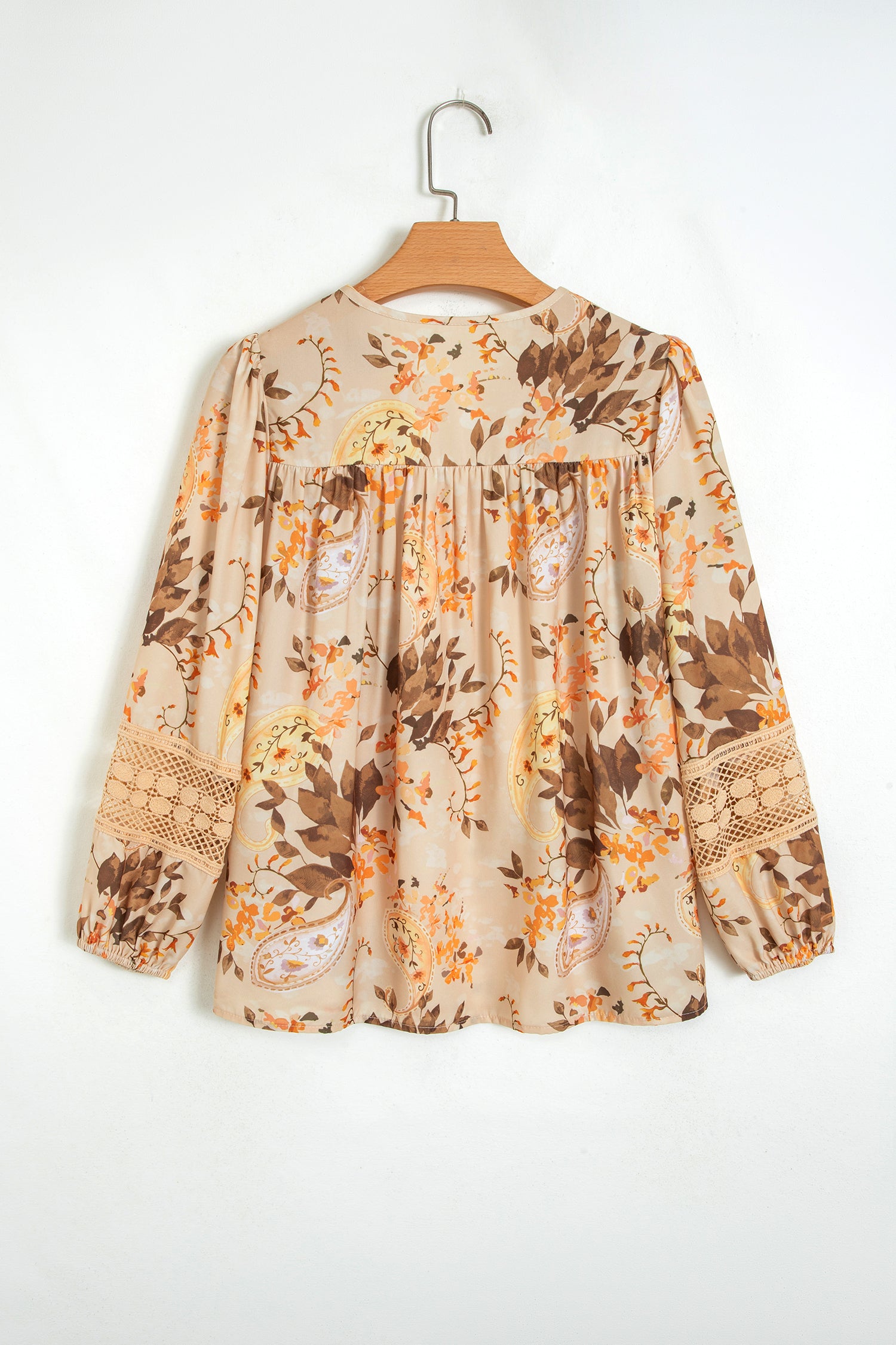 Khaki Paisley Print Decorative Binding Tape V Neck Shift Blouse-Tops/Blouses & Shirts-[Adult]-[Female]-2022 Online Blue Zone Planet