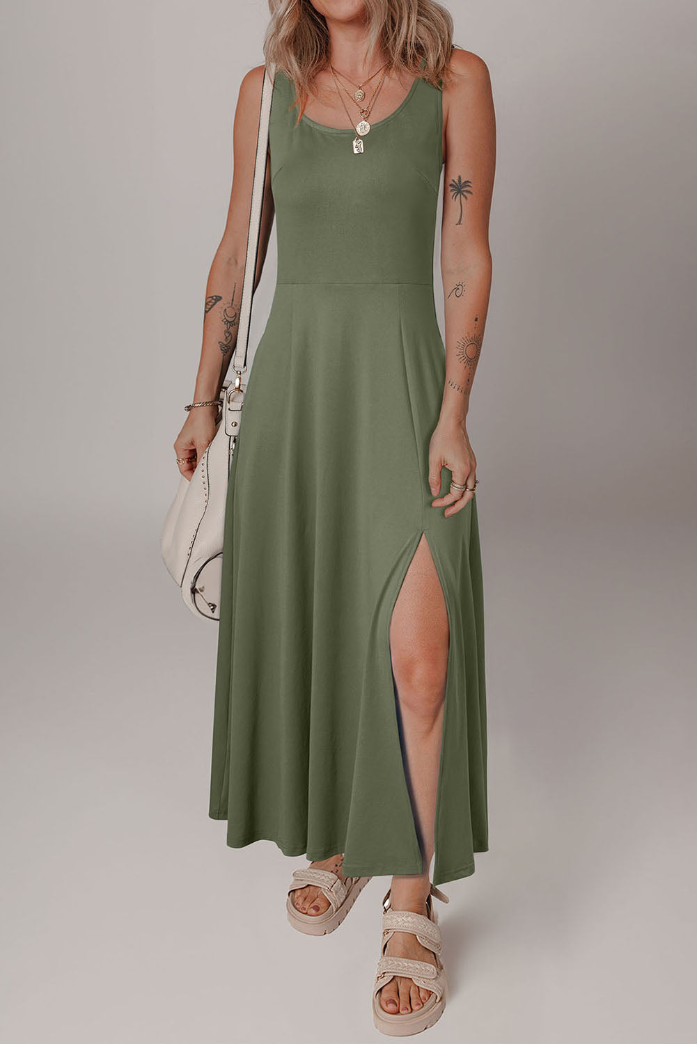 Four Leaf Clover Sleeveless Scoop Neck Flared Split Midi Dress-TOPS / DRESSES-[Adult]-[Female]-2022 Online Blue Zone Planet