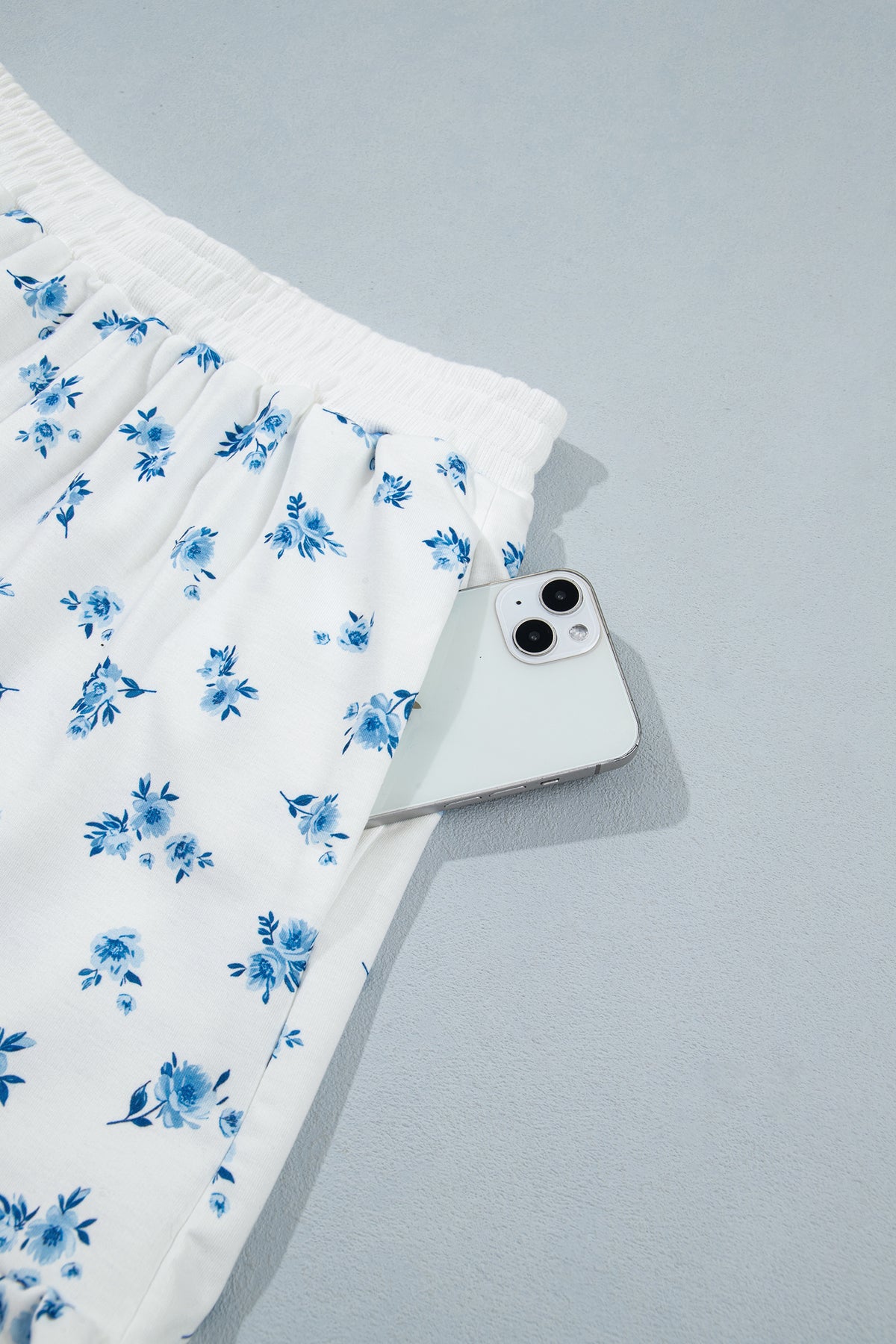 Sky Blue Floral Print Long Sleeve Top Elastic Waist Ruffle Hem Shorts 2pcs Set-Two Piece Sets/Short Sets-[Adult]-[Female]-2022 Online Blue Zone Planet