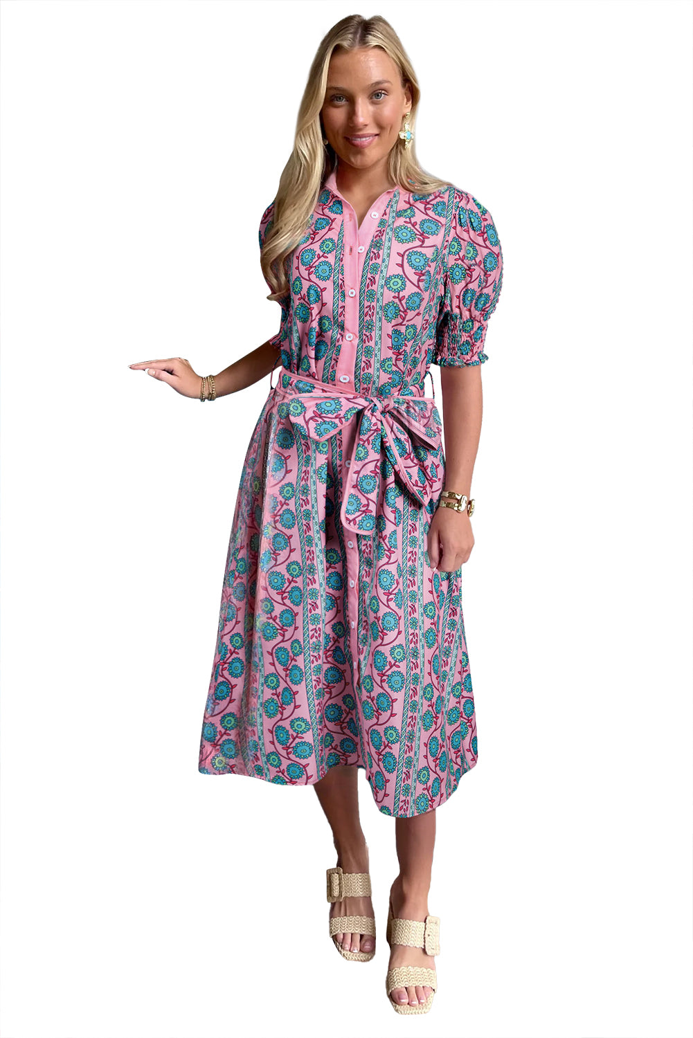 Pink Floral Shirred Puff Sleeve Buttoned Front Midi Dress with Sash-TOPS / DRESSES-[Adult]-[Female]-2022 Online Blue Zone Planet