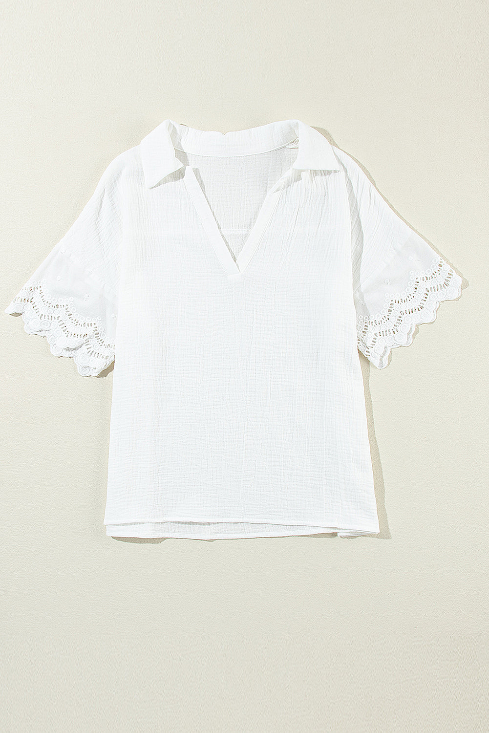 White Crinkled Lace Splicing Sleeve Collared V Neck Blouse-Tops/Blouses & Shirts-[Adult]-[Female]-2022 Online Blue Zone Planet
