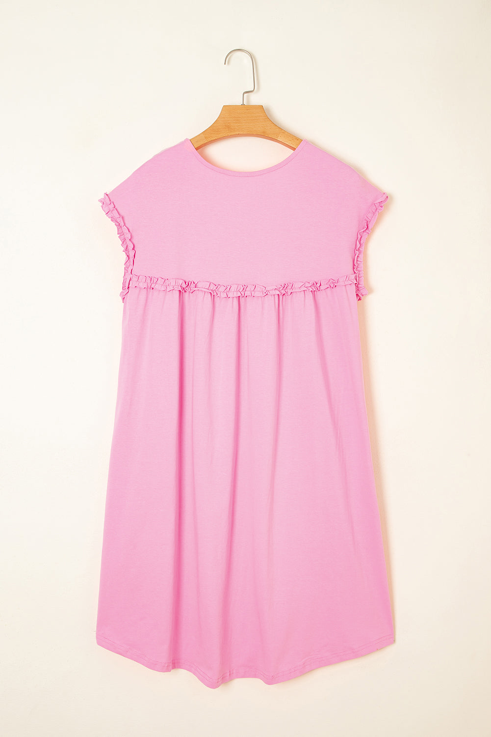 Pink Frilled Trim Crew Neck Loose Fit Mini Dress-TOPS / DRESSES-[Adult]-[Female]-2022 Online Blue Zone Planet