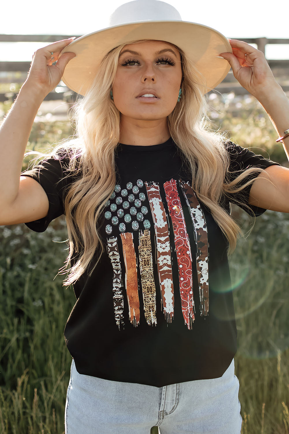 Black Western American Flag Graphic Tee-Graphic/Graphic Tees-[Adult]-[Female]-2022 Online Blue Zone Planet