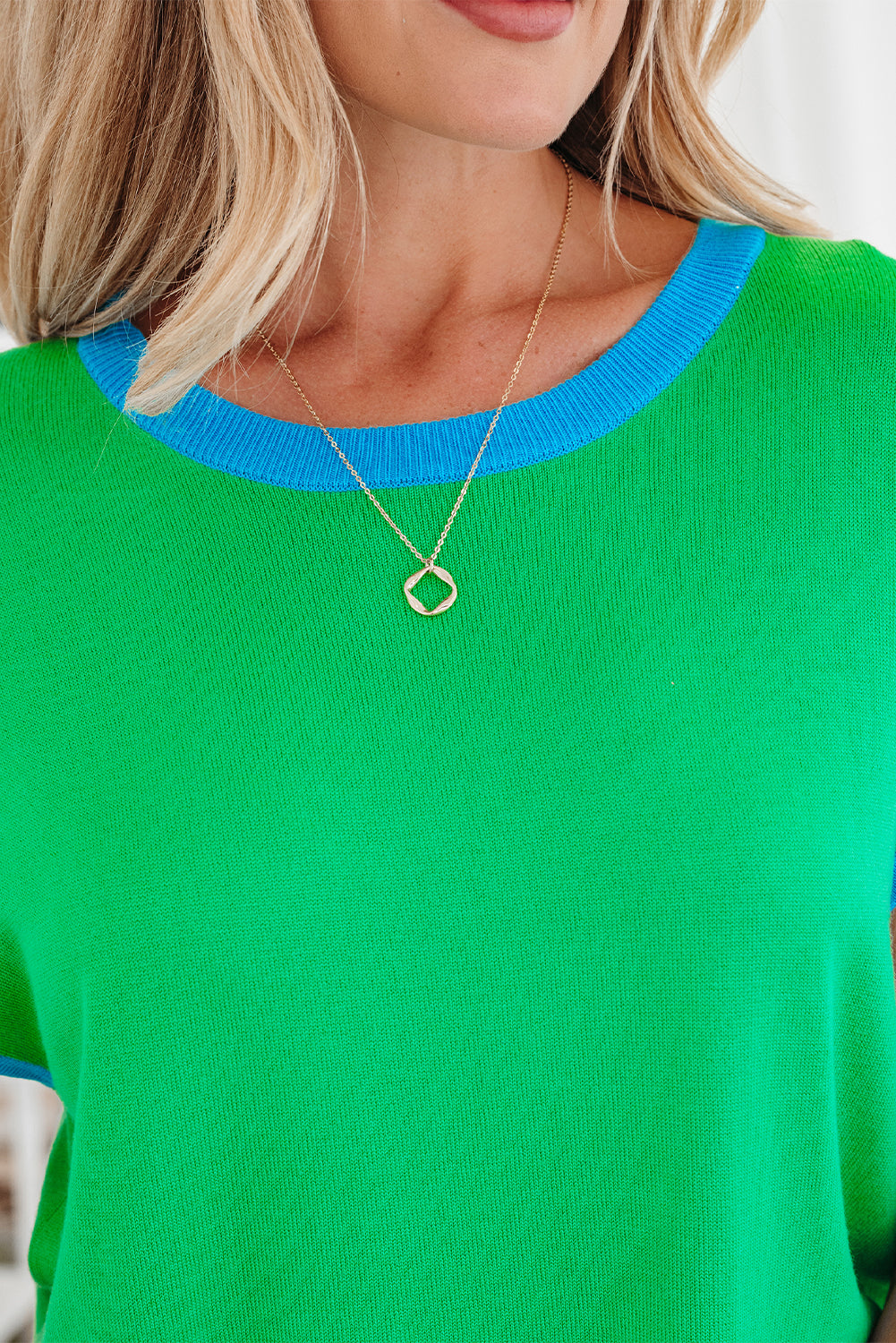 Green Contrast Trim Round Neck Short Sleeve Loose Knit Sweater-TOPS / DRESSES-[Adult]-[Female]-2022 Online Blue Zone Planet