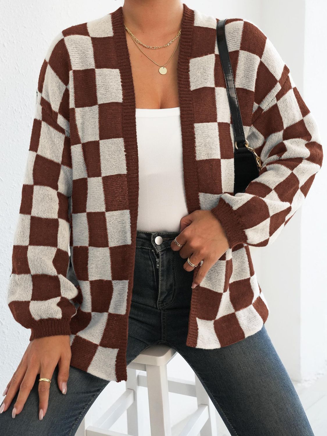 Checkered Open Front Long Sleeve Cardigan-TOPS / DRESSES-[Adult]-[Female]-Brown/White-S-2022 Online Blue Zone Planet