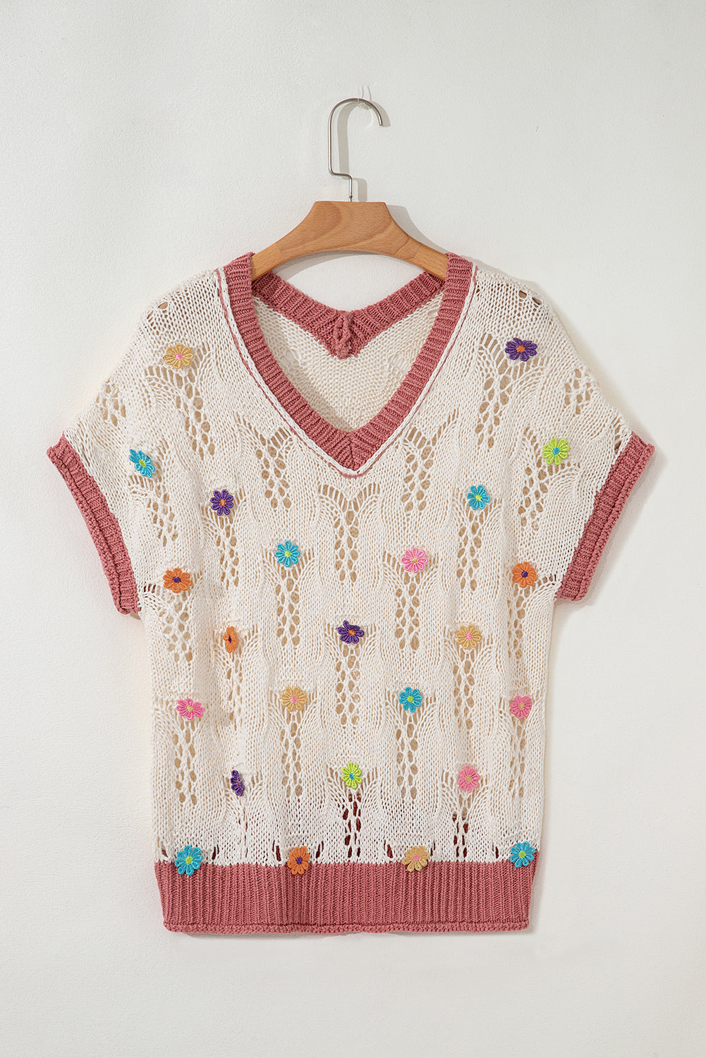Delicacy Embroidered Flowers Colorblock Edge Hollowed Sweater-TOPS / DRESSES-[Adult]-[Female]-2022 Online Blue Zone Planet