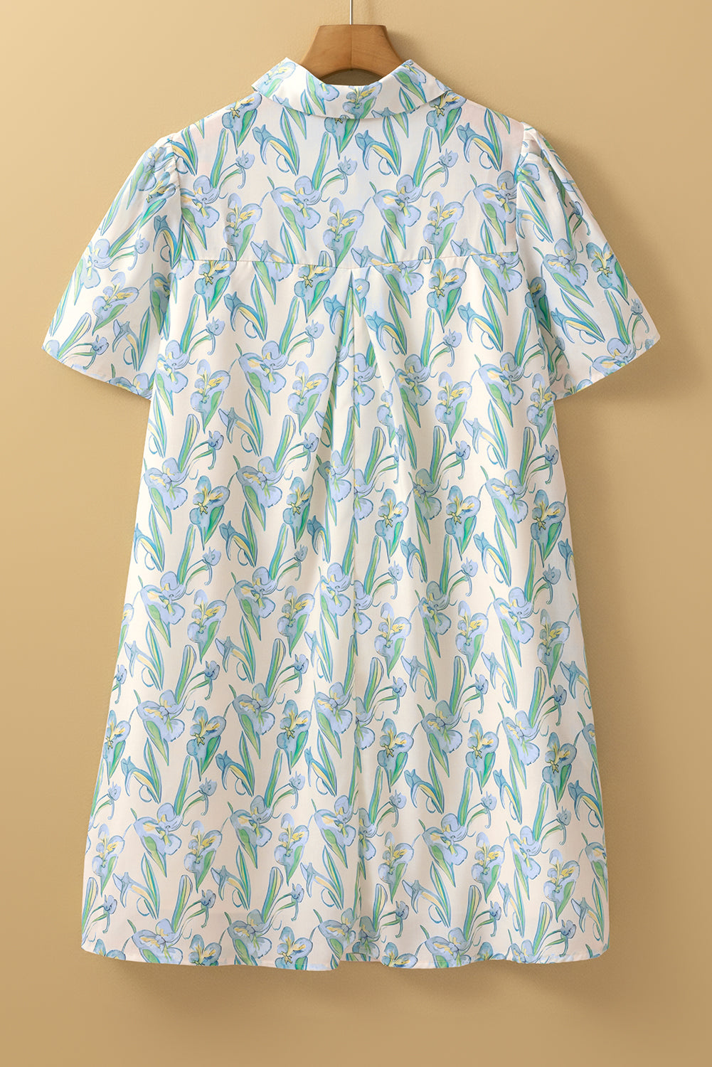 Green Floral Print Shirtcollar Buttoned Short Sleeve Shift Dress-TOPS / DRESSES-[Adult]-[Female]-2022 Online Blue Zone Planet