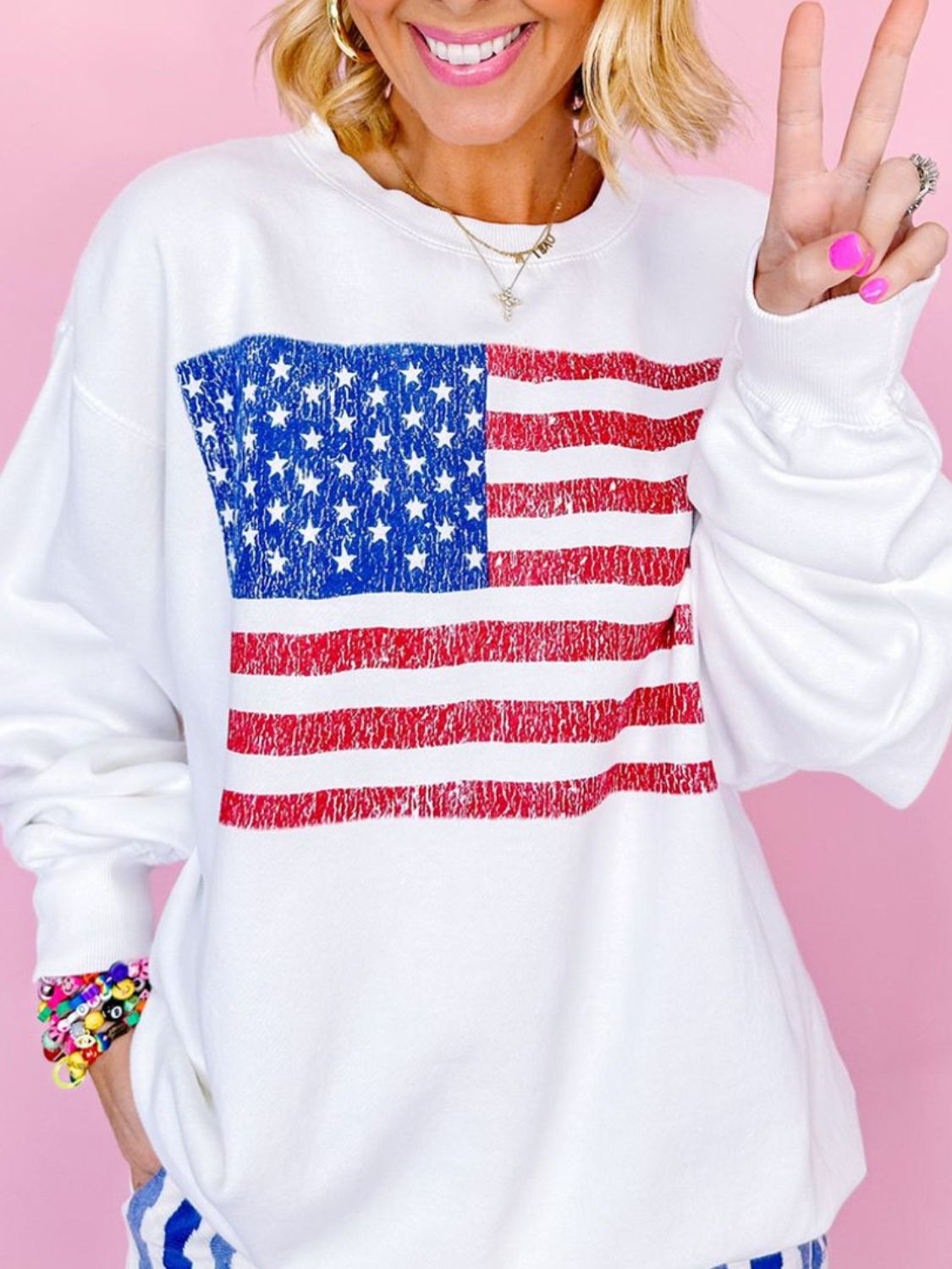 US Flag Round Neck Long Sleeve Sweatshirt-TOPS / DRESSES-[Adult]-[Female]-2022 Online Blue Zone Planet