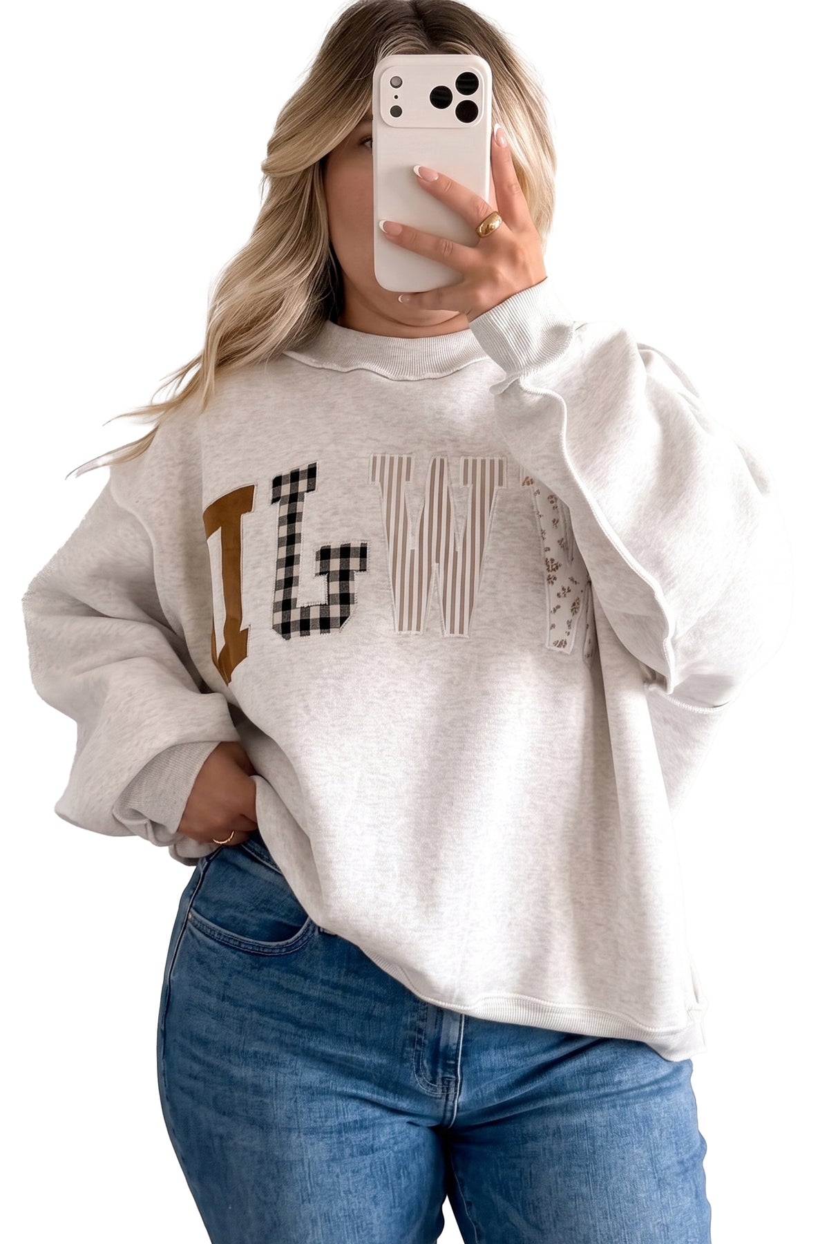 Gray WWJD Mix Pattern Letter Graphic Exposed Seam Loose Plus Size Sweatshirt-Plus Size/Plus Size Sweatshirts & Hoodies-[Adult]-[Female]-2022 Online Blue Zone Planet