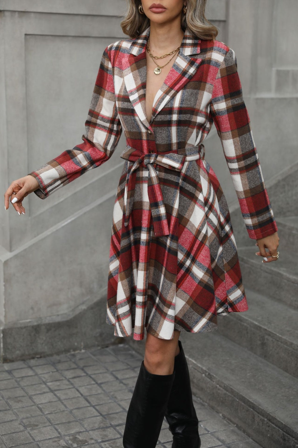 Plaid Tie Waist Long Sleeve Outerwear-TOPS / DRESSES-[Adult]-[Female]-2022 Online Blue Zone Planet