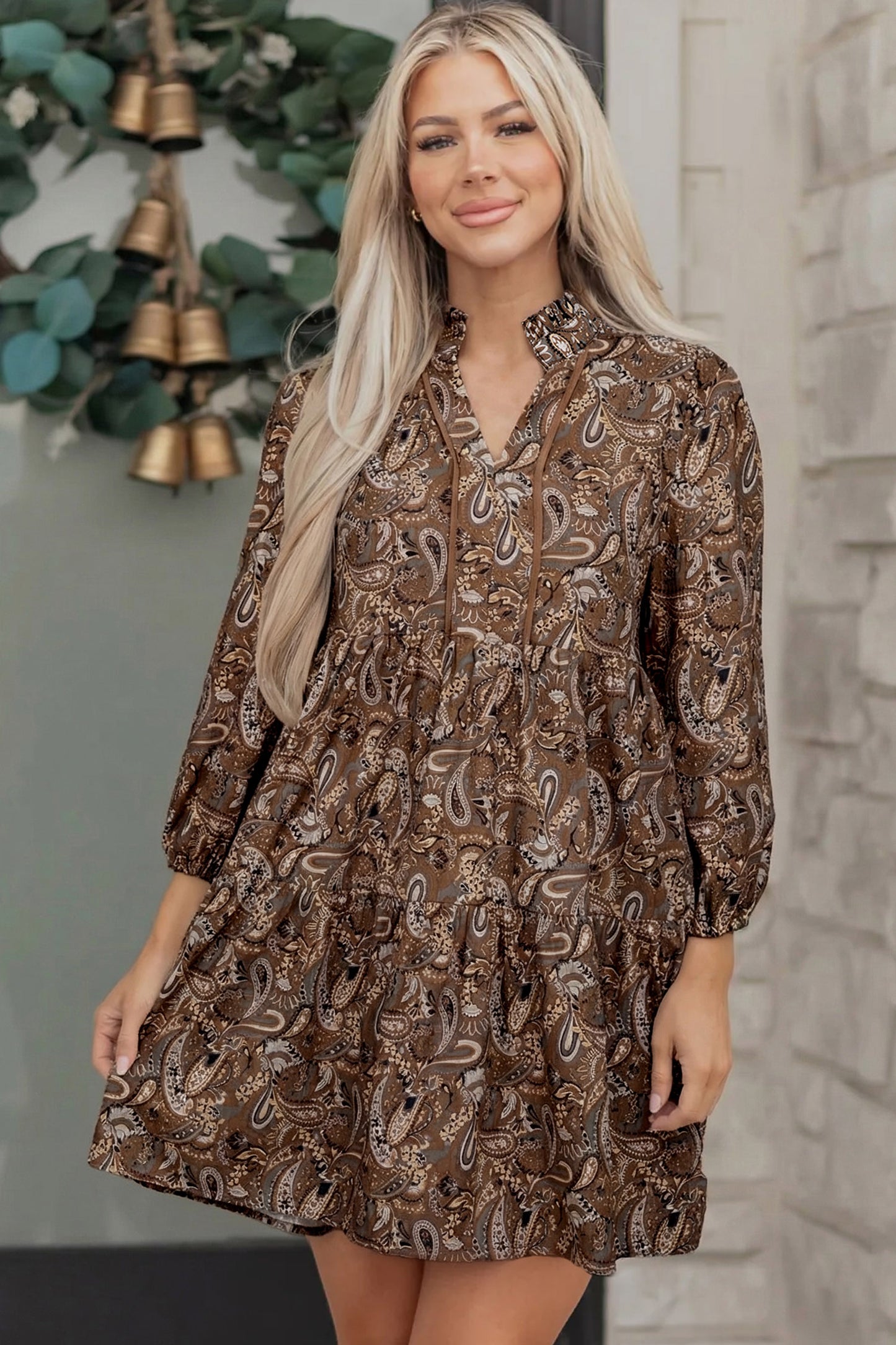 Brown Paisley Print Half Buttons Puff Sleeve Flowy Short Dress-TOPS / DRESSES-[Adult]-[Female]-2022 Online Blue Zone Planet