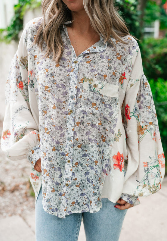 Floral Collared Neck Long Sleeve Shirt-TOPS / DRESSES-[Adult]-[Female]-Floral-S-2022 Online Blue Zone Planet