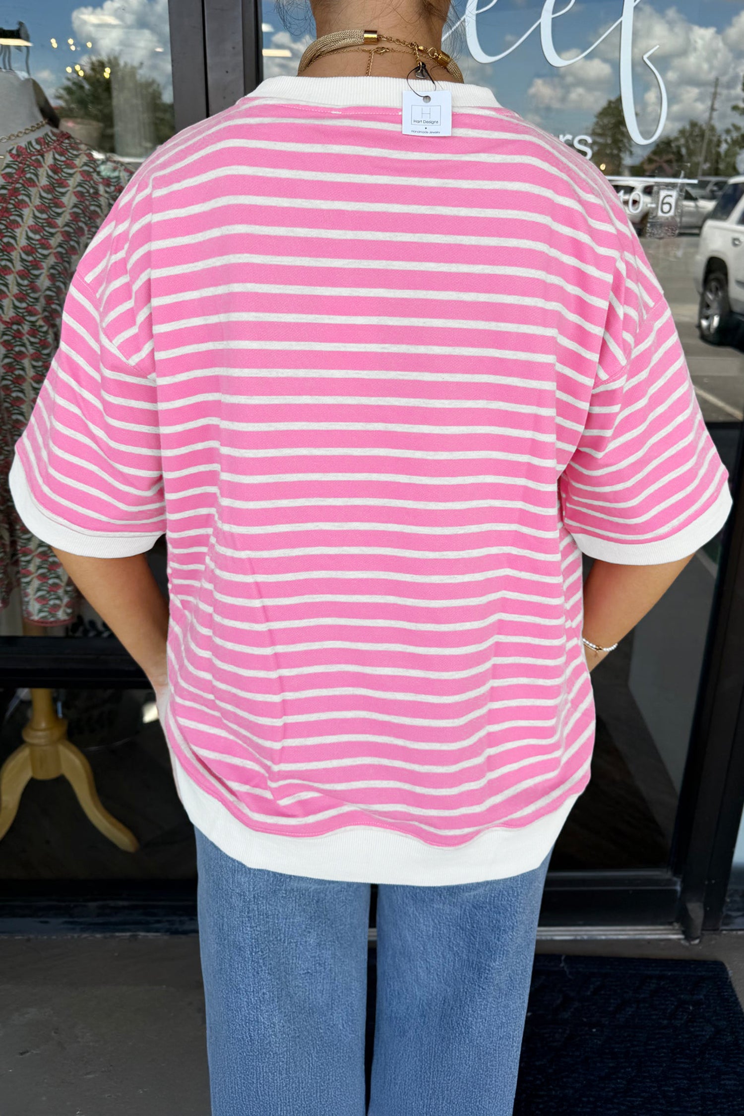 Pink Stripe Round Neck Drop Shoulder Short Sleeve Loose Top-Tops/Tops & Tees-[Adult]-[Female]-2022 Online Blue Zone Planet