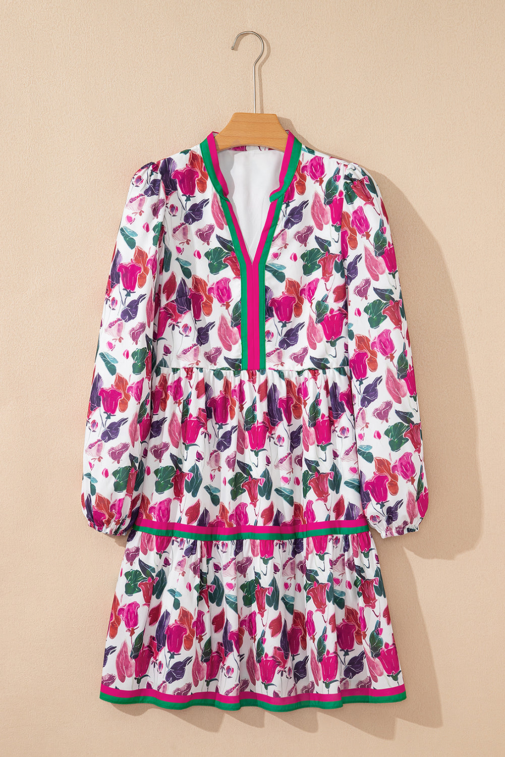 Purple Floral Print Contrast Striped Detail Long Sleeve Mini Dress-TOPS / DRESSES-[Adult]-[Female]-2022 Online Blue Zone Planet