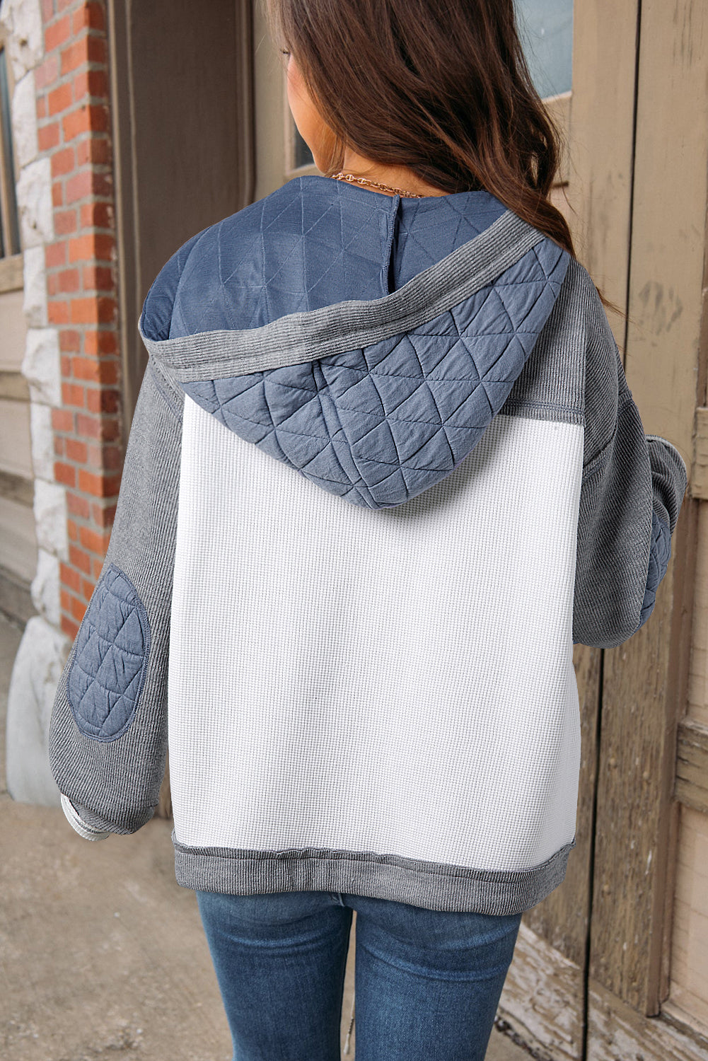 Blue Zone Planet | Light Blue Quilted Textured Patchwork Loose Fit Hooded Jacket-Outerwear/Jackets-[Adult]-[Female]-2022 Online Blue Zone Planet