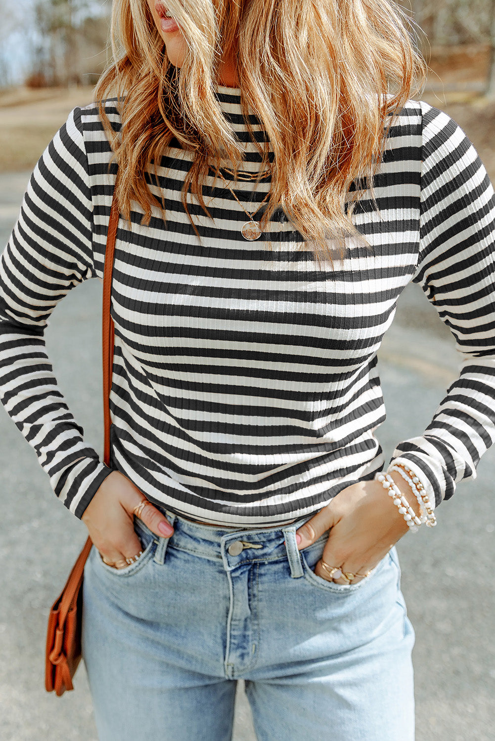 Striped Print Textured Knit Long Sleeve Tee-Tops/Long Sleeve Tops-[Adult]-[Female]-Black-S-2022 Online Blue Zone Planet