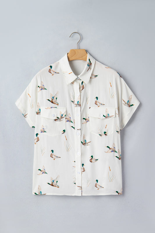 White Mallard Printed Button Flap Pocket Short Sleeve Shirt-Tops/Blouses & Shirts-[Adult]-[Female]-2022 Online Blue Zone Planet