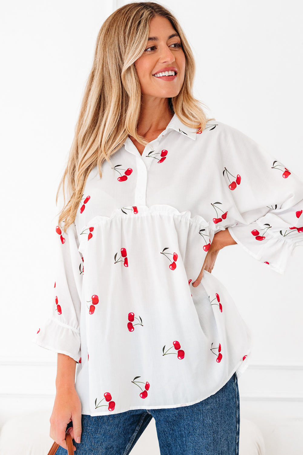 White Cherry Print Flounce Sleeve Collared Frilled Babydoll Blouse-Tops/Blouses & Shirts-[Adult]-[Female]-2022 Online Blue Zone Planet