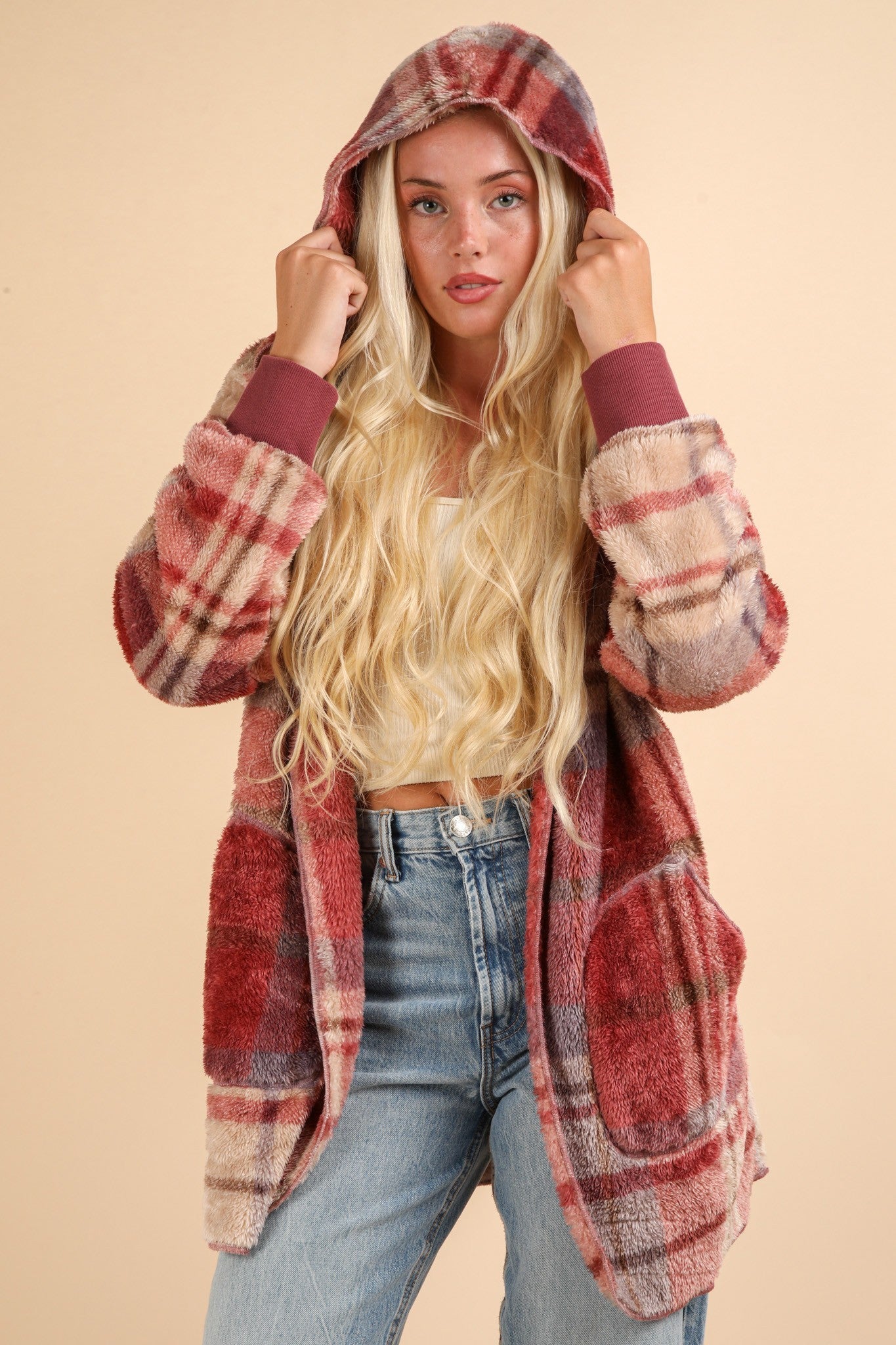 VERY J Fuzzy Plaid Long Sleeve Hooded Jacket-TOPS / DRESSES-[Adult]-[Female]-2022 Online Blue Zone Planet