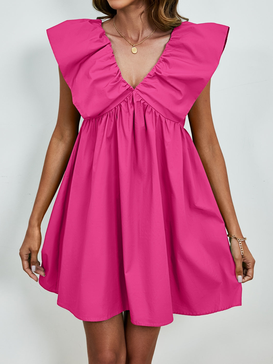 V-Neck Cap Sleeve Mini Dress-TOPS / DRESSES-[Adult]-[Female]-Hot Pink-S-2022 Online Blue Zone Planet