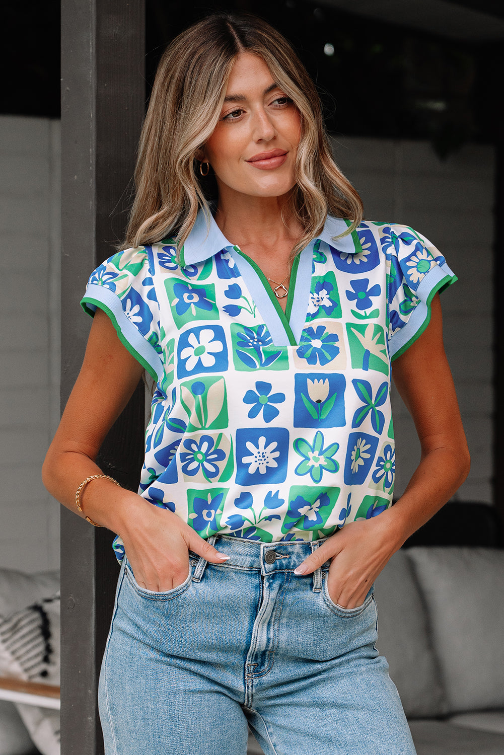 Green Floral Plaid Colorblock Trim Collar Flutter Sleeve Blouse-Tops/Blouses & Shirts-[Adult]-[Female]-2022 Online Blue Zone Planet