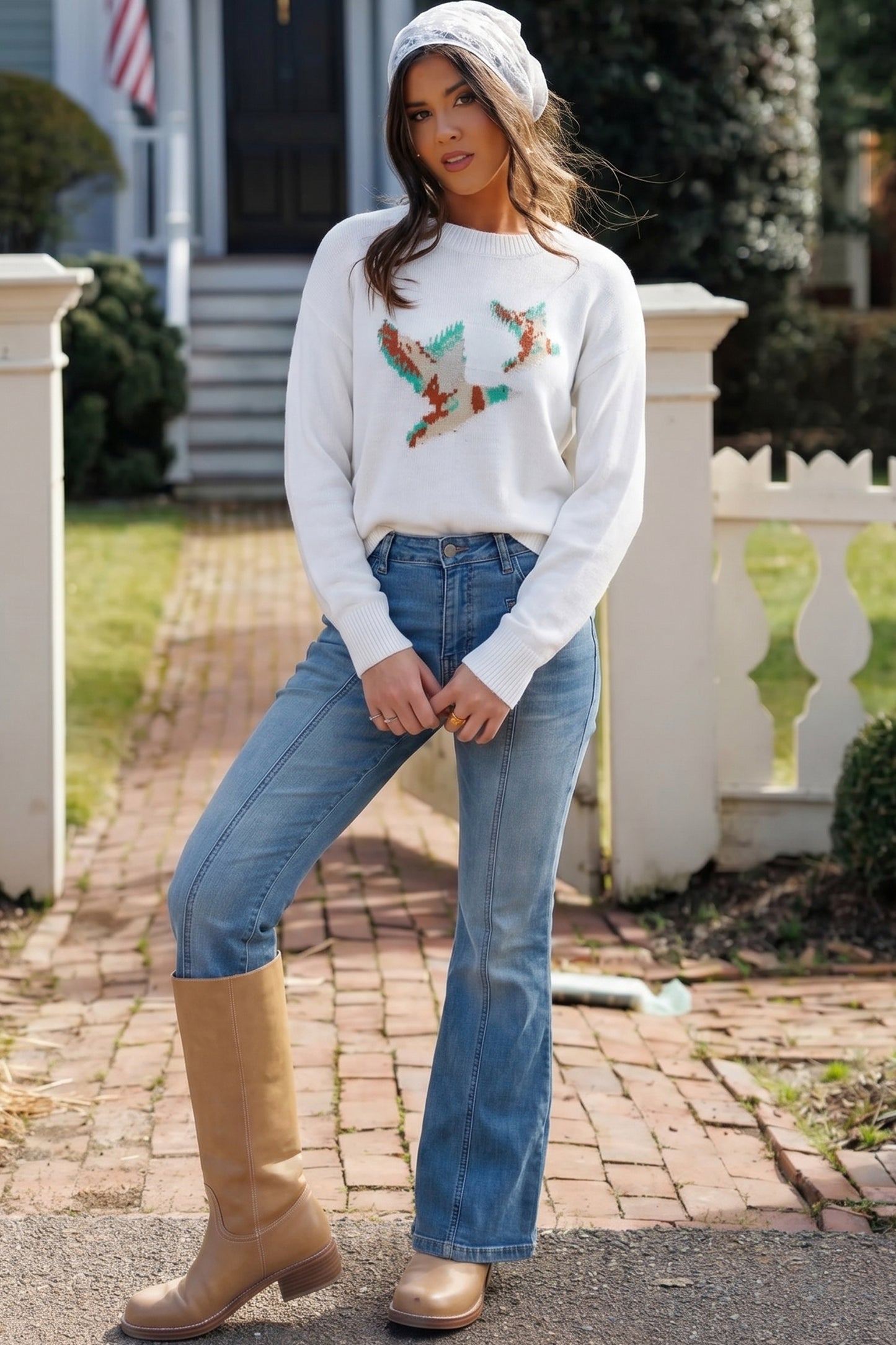 White Retro Flying Mallard Pattern Drop Shoulder Pullover Sweater-Sweaters & Cardigans/Sweaters-[Adult]-[Female]-2022 Online Blue Zone Planet