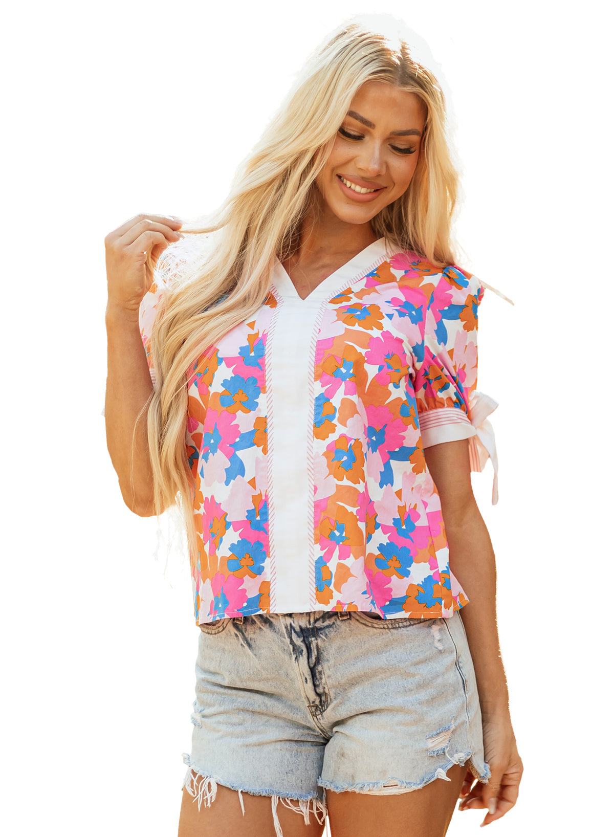 White Floral Colorblock Striped Edge V Neck Knotted Short Sleeve Blouse-Tops/Blouses & Shirts-[Adult]-[Female]-2022 Online Blue Zone Planet