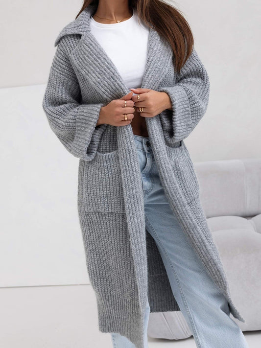 Pocketed Collared Neck Dropped Shoulder Cardigan-TOPS / DRESSES-[Adult]-[Female]-Gray-One Size-2022 Online Blue Zone Planet