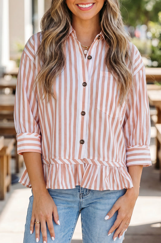 Khaki Stripe Button Front Ruffle Hem Bracelet Sleeve Shirt-Tops/Blouses & Shirts-[Adult]-[Female]-Khaki Stripe-S-2022 Online Blue Zone Planet