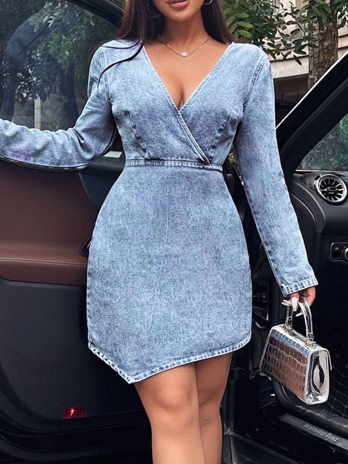 Surplice Long Sleeve Denim Dress-TOPS / DRESSES-[Adult]-[Female]-Light-M-2022 Online Blue Zone Planet