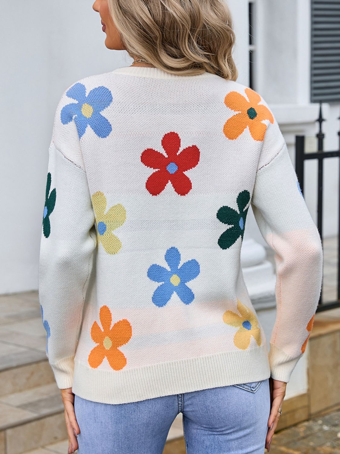 Flower Round Neck Long Sleeve Sweater-TOPS / DRESSES-[Adult]-[Female]-2022 Online Blue Zone Planet