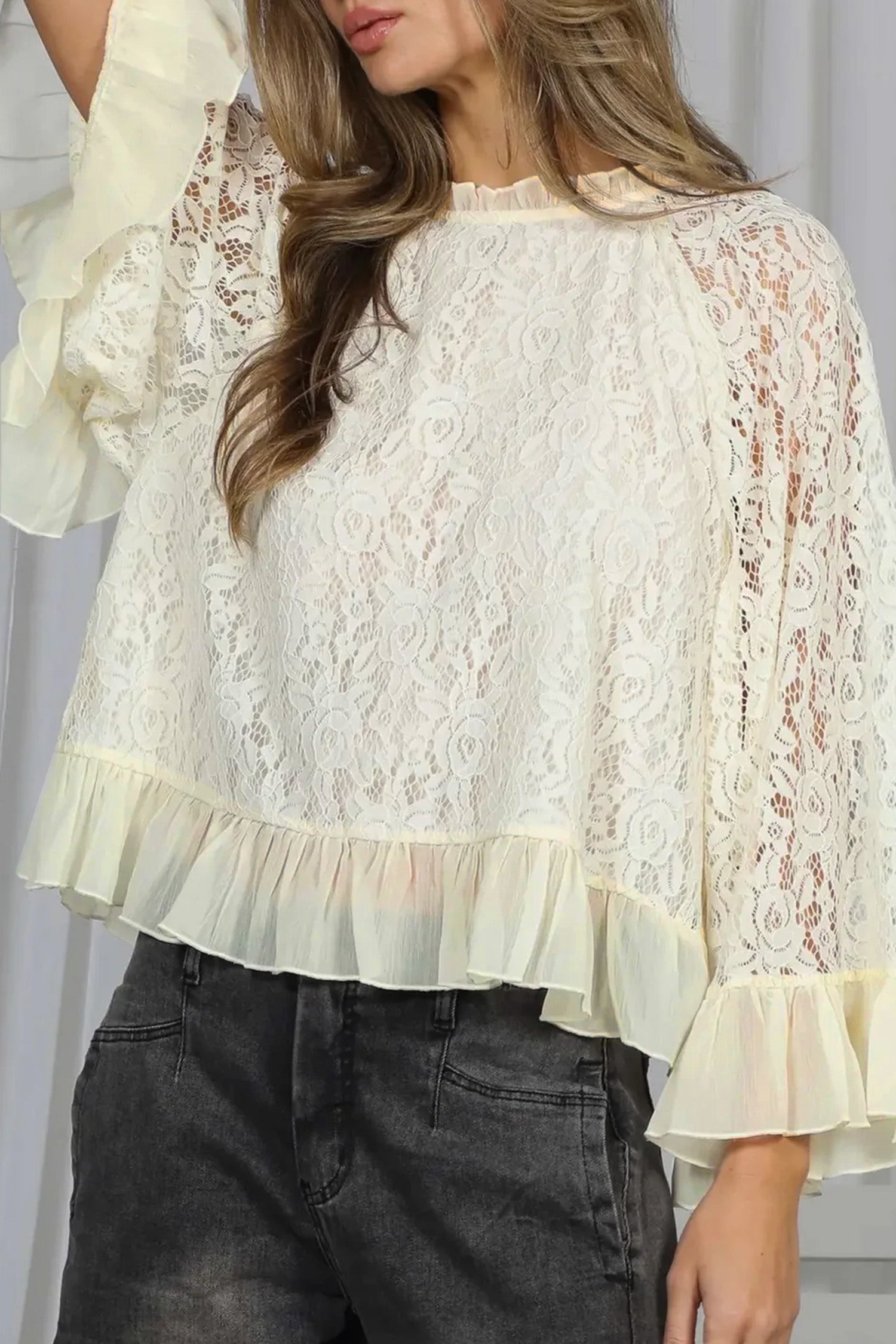 White Sheer Lace Long Sleeve Ruffle Trim Loose Blouse-Tops/Blouses & Shirts-[Adult]-[Female]-White-S-2022 Online Blue Zone Planet