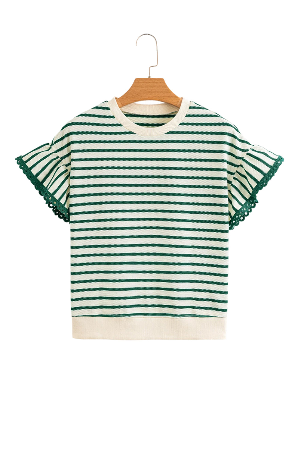 Green Stripe Scallop Lace Trim Ruffle Short Sleeves Crewneck Top-Tops/Blouses & Shirts-[Adult]-[Female]-2022 Online Blue Zone Planet