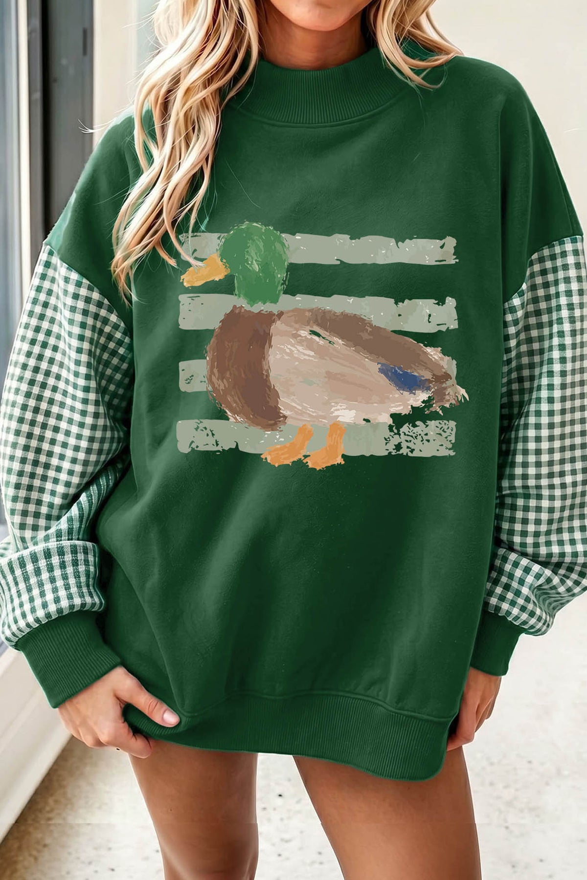 Evergreen Mallard Graphic Plaid Sleeve Tunic Sweatshirt-Graphic/Graphic Sweatshirts-[Adult]-[Female]-2022 Online Blue Zone Planet