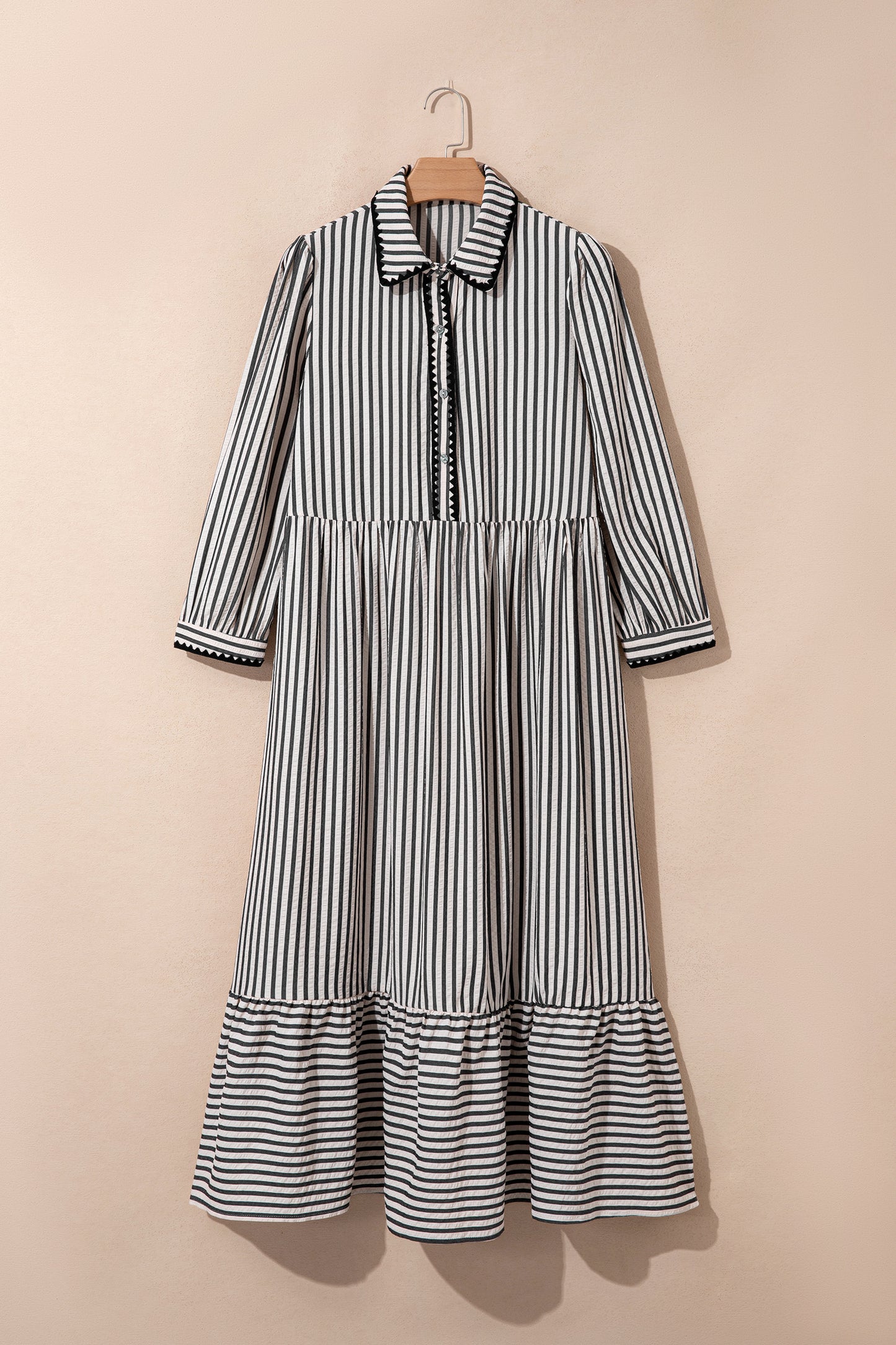 Black Stripe Scallop Trim Shirt Collar Half Button 3/4 Sleeve Long Dress-TOPS / DRESSES-[Adult]-[Female]-2022 Online Blue Zone Planet