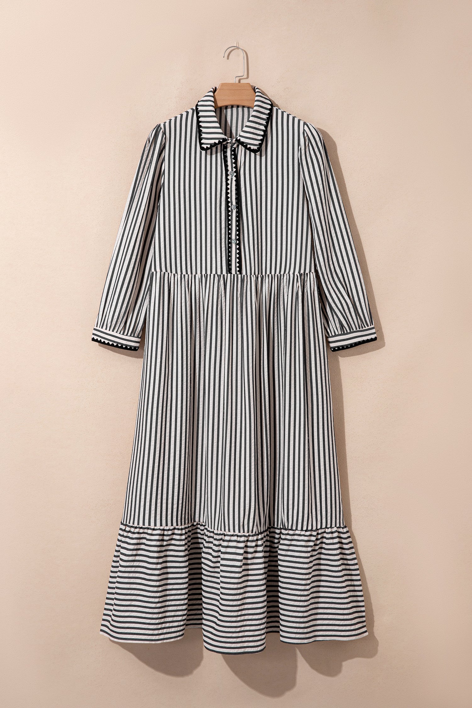 Black Stripe Scallop Trim Shirt Collar Half Button 3/4 Sleeve Long Dress-TOPS / DRESSES-[Adult]-[Female]-2022 Online Blue Zone Planet