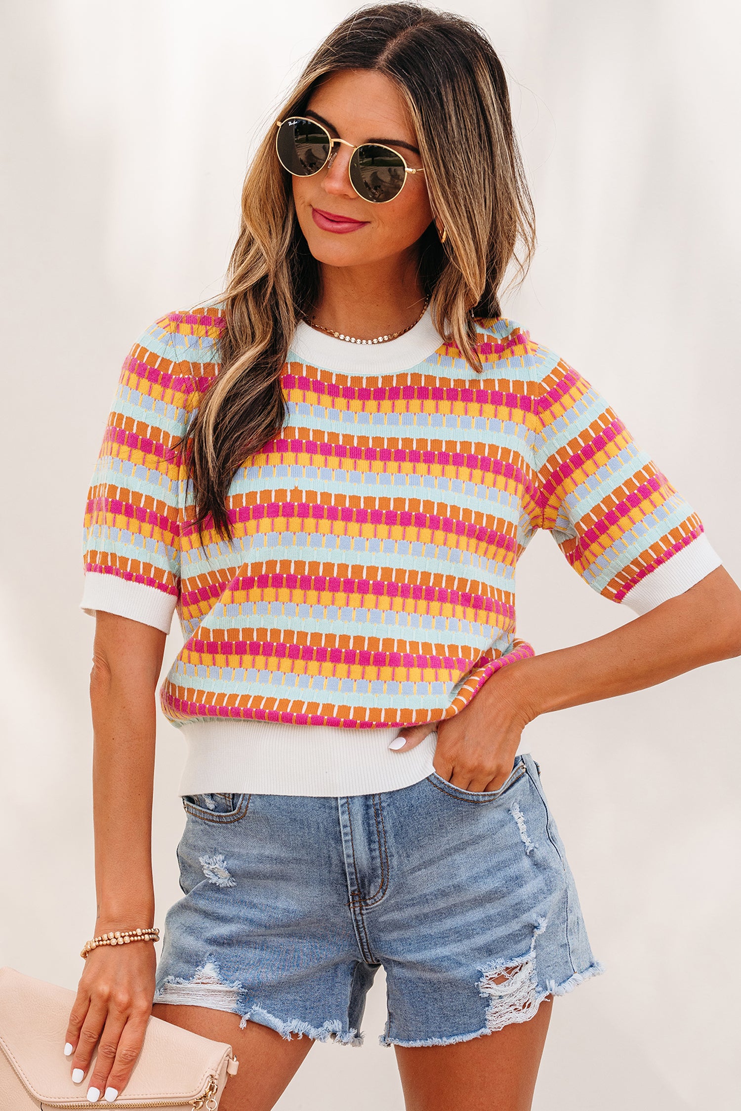 Orange Abstract Striped Knit Short Sleeve Sweater-Sweaters & Cardigans/Short Sleeve Sweaters-[Adult]-[Female]-2022 Online Blue Zone Planet